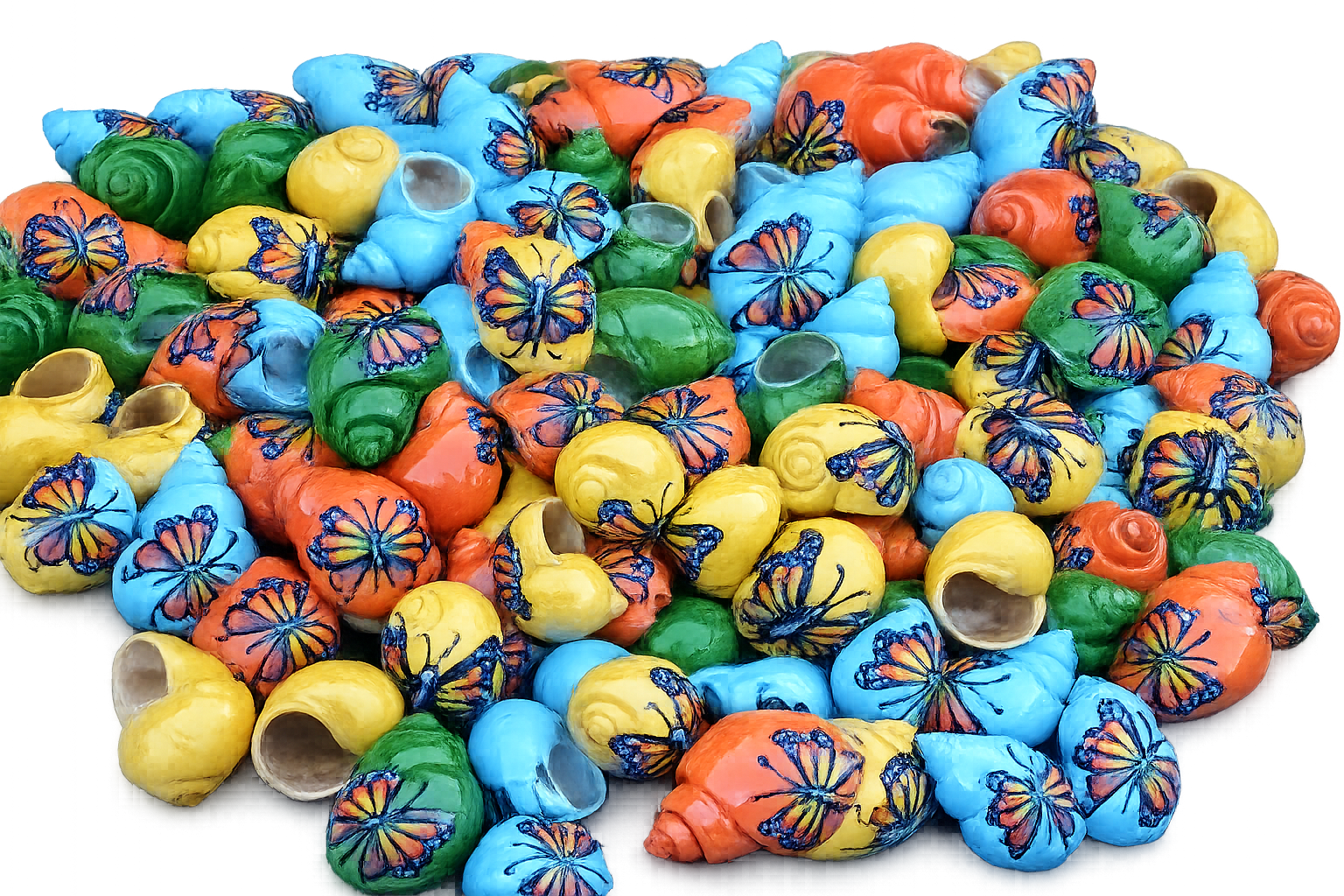 colorful hermit crab shells with butterflies